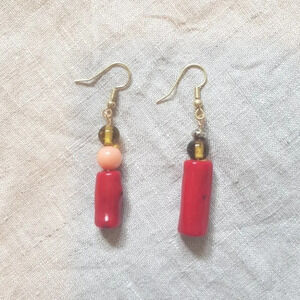 Patch & Roam Boho Artsy Funky Coral and green glass bead dangle earrings